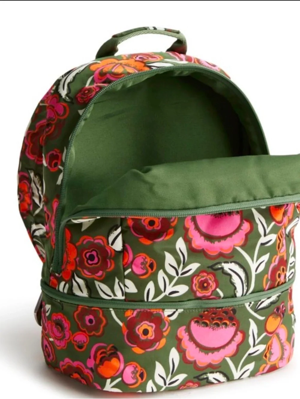 Vera Bradley Green Floral Backpack with Pink and Orange Blooms